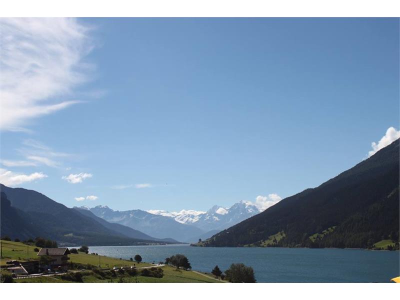 Magnificent views of Reschensee and Ortler from the sun terrace