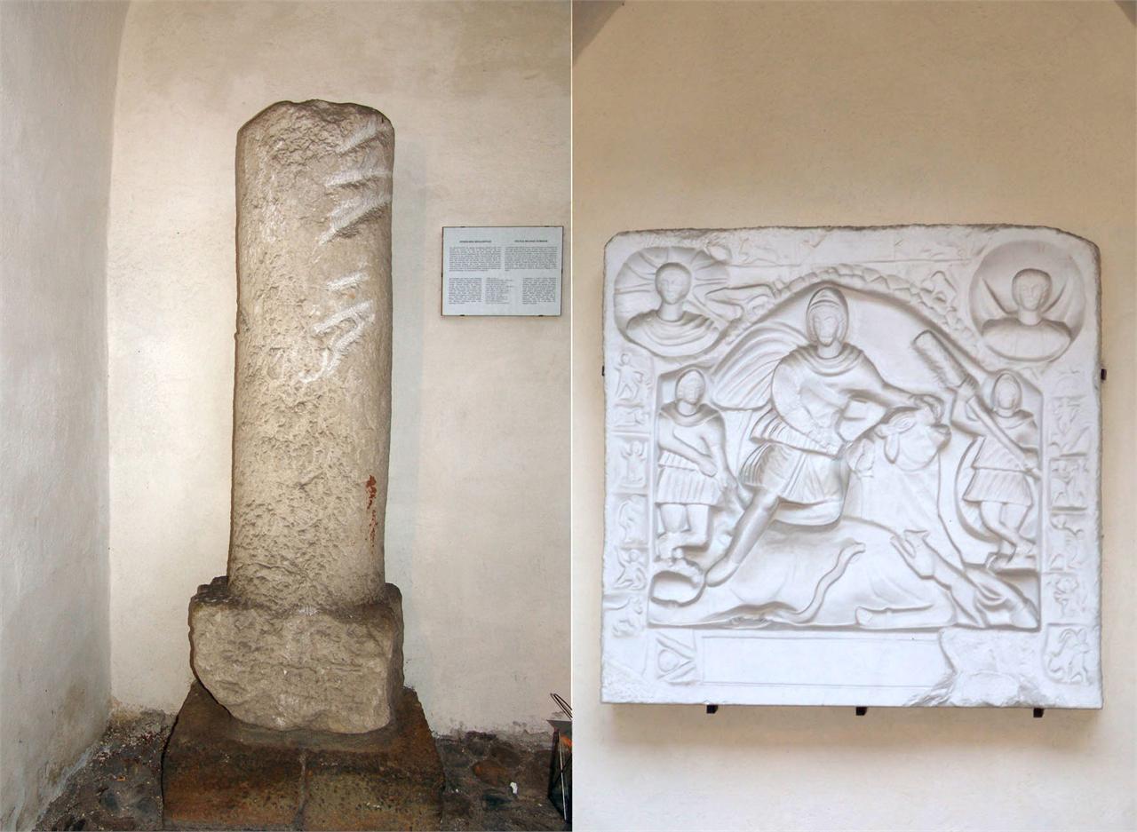 Mithrasstein und römischer Meilenstein im Sterzinger Rathaus
